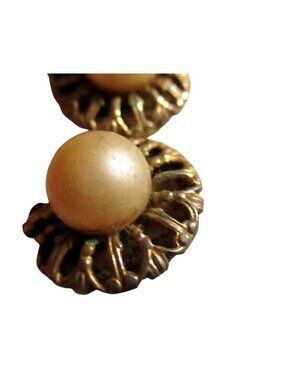 Clip-On Earrings Estate Hippy Vintage Gold-Tone Filigree With Faux Pearl Center